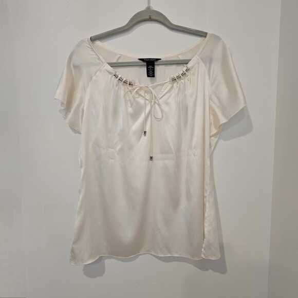 White House Black Market Tops - WHMB Silk Stretch Ivory Tie-Neck Peasant Top Size M Boho Romantic Feminine